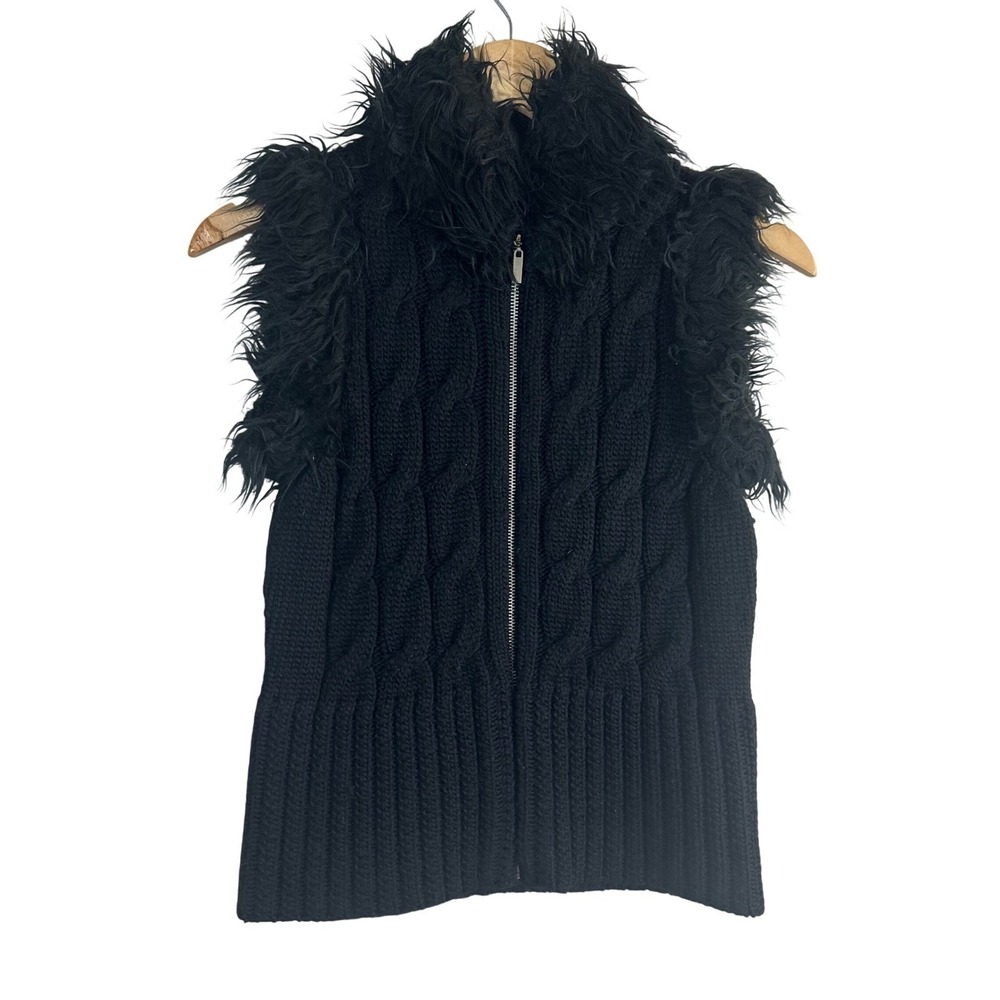 Frenchi Black Wool Blend Cable Knit Faux Fur Trim‎ Zip Up Vest Y2K Size S